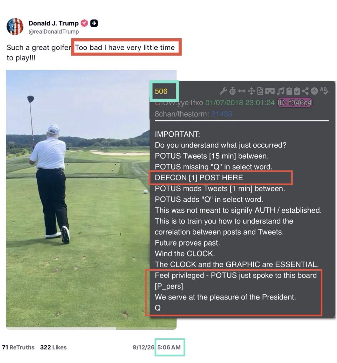 LeighAnnEskew's tweet photo. 5:06 includes:
Too bad I have very little time.
—-
Q 506 includes:
DEFCON [1] POST HERE
POTUS mods Tweets [1 min] between.
POTUS just spoke to this board

* See comments for past decode
that might possibly be related. https://t.co/4wTM6NXkBA