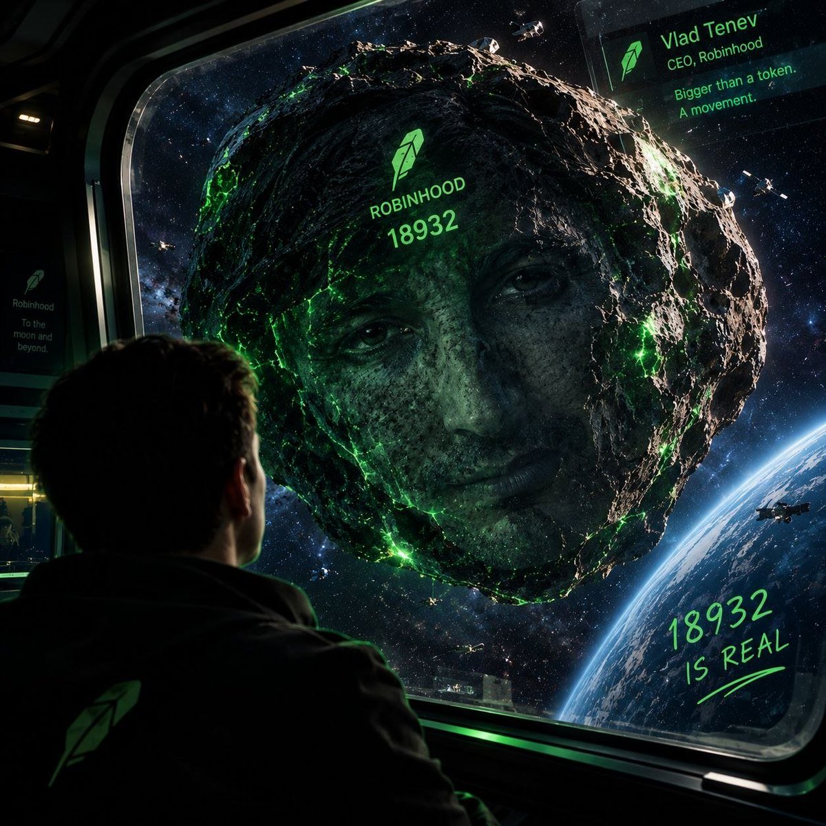 Nik_The_'s tweet photo. Vlad Tenev, CEO of Robinhood, watching Asteroid 18932 (Robinhood) from his spaceship as it orbits between Earth and Mars.Bigger than a token.
A movement.  
18932 is real. 🚀

@RobinhoodApp https://t.co/CLk8TljpVS