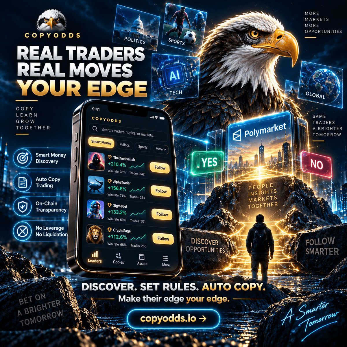 CopyOdds's tweet photo. Still guessing what to trade on Polymarket? 👀
There are traders already making moves.
Why not see what they're doing?
🔥 Find smart traders
👀 Watch their moves
⚡️ Copy automatically
Find someone worth following.

 👉https://t.co/eLg5eZ7NsL

🤖 https://t.co/mLRJRg3JeW https://t.co/a8w8pQEgus