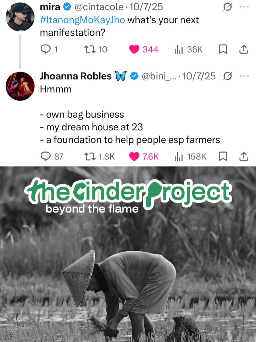 bini_writes's tweet photo. From manifestation to reality, @bini_jhoanna 🥹🥹🥹

Jho, from Calamba, Laguna, has fulfilled one of her noblest goals, building a foundation to help people especially farmers with “THE CINDER PROJECT”. 

Manifestation is one thing but making it happen requires dedication, commitment and a lot of hard work. Count on us to support this charity m, Jho. Saanman tayo makarating basta para sa mga magsasaka na siyang pundasyon ng Pilipinas. 

One thing I love and will always love about BINI is how to use their platform and influence, especially with a youth-core fandom and in this digital age that people can ignite a movement from online to the real world. 

They go beyond the stage and the recording studios with a bevy of advocacies. And this is just one of which they’ve been doing even before their fame, rise and boom to who and what they are today. 

LET’S GO OUR BEST LEADER! 🥹🌺♥️🇵🇭 

P.S: This one is close to my heart having a Lolo farmer with a daily wage of just P100 pesos a day 🥹🥹🥹🥹🥹🥹🥹🥹 Waaaaaa naiiyak ako. Labyu Jho! As if we could not love you more. 

#BINI #CinderProject #BINI_Jhoanna #BurnTheory
