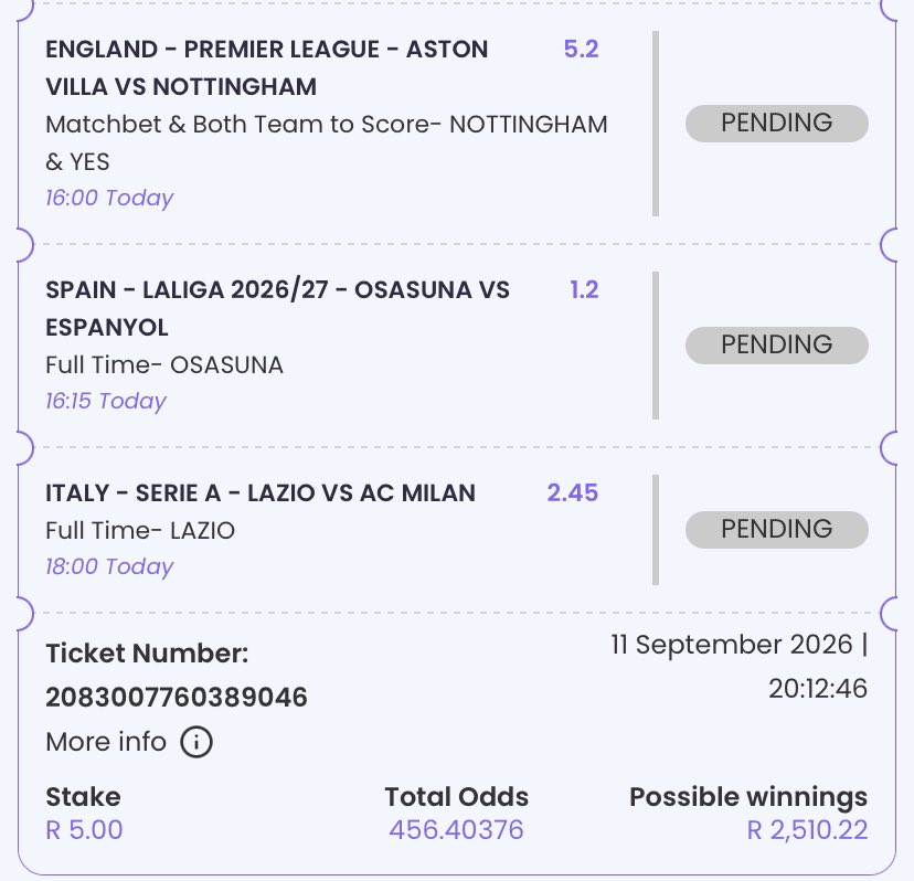 bettingslipguru's tweet photo. 🧾12/09/26
💰 456.4 odds
🔗 https://t.co/qDPe28n0UW

🔮 away win for Brentford, Forest to edge Villa and Lazio with a home win. https://t.co/IxScQkiCz1