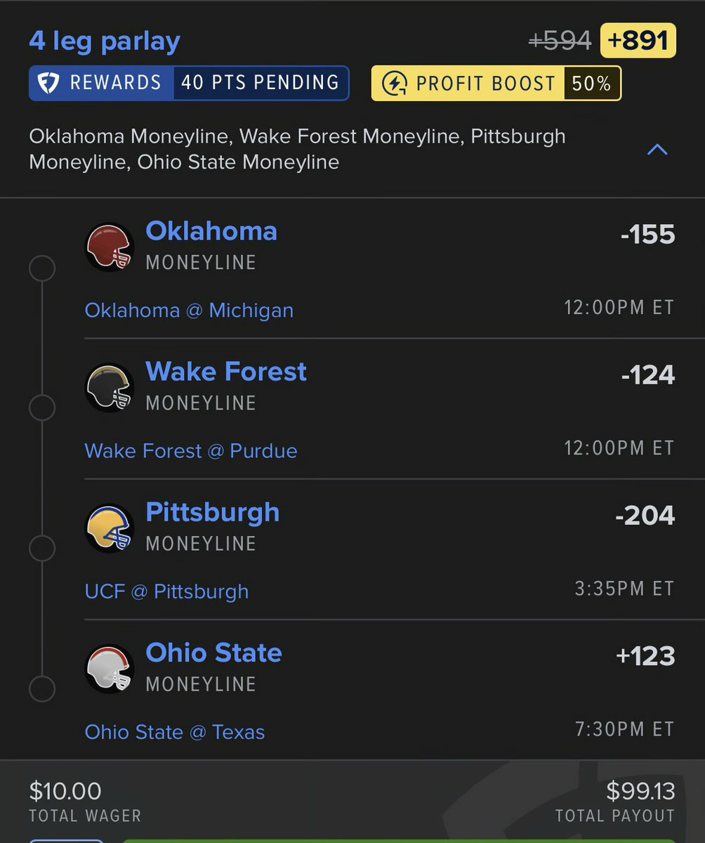 ZaraB875's tweet photo. 🏈 Pat Pack – 4 Leg Edition | Sept. 12
🔹 Oklahoma ML (-155)
🔹 Wake Forest ML (-124)
🔹 Pitt ML (-204)
🔹 Ohio St ML (+123)
📈 50% Boost | +891 Odds
#GamblingX #BettingX #CFBpicks 
@Playbook https://t.co/UdjmlfDRCT