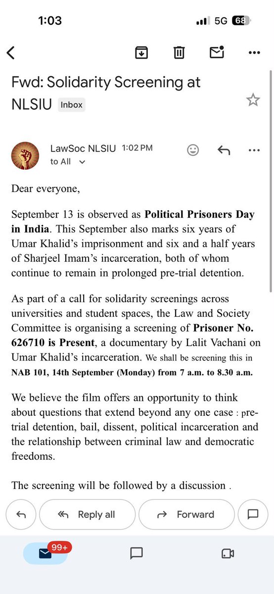 GemsofAcademia's tweet photo. NLSIU Bangalore is organising programs  to support Umar Khalid. 

@arjunrammeghwal @HKPatilINC https://t.co/IfSm3KtXPx