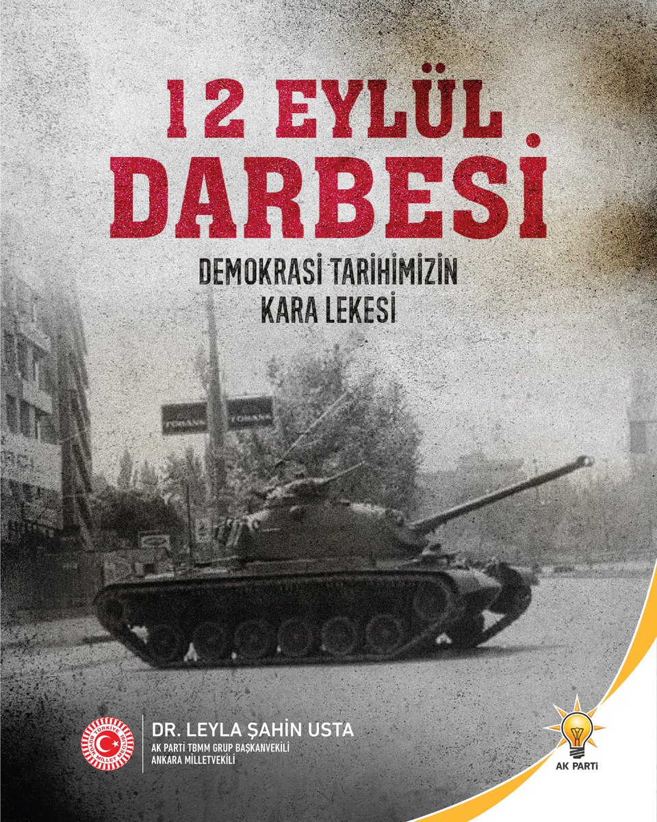 leylasahinusta's tweet photo. Demokrasi tarihimizin kara bir lekesi olan 12 Eylül Askerî Darbesi’nin açtığı derin yaraları ve milletimize çektirilen acıları asla unutmayacağız. 

Milli iradeyi hiçe sayan, hukuku askıya alan ve Türkiye’nin geleceğini karartan tüm darbelere, muhtıralara ve vesayet girişimlerine karşı durmaya kararlıyız. Demokrasimize sahip çıkmaya ve ülkemizin istikbalini anti-demokratik müdahalelerden korumaya sonuna kadar devam edeceğiz.