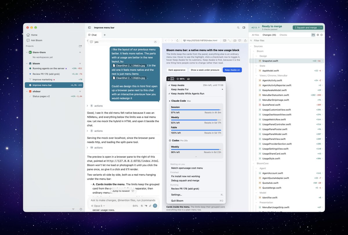 A split-screen setup displays a coding application interface, chat messages about menu design, and project files with progress indicators.