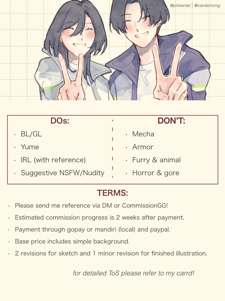 pinkental's tweet photo. [ ♡ + ↻ are appreciated! ]

Halooo I’m opening commission for local and international!
I’m also available on commission .gg ˙ᵕ˙

Feel free to contact me via DM or link on reply!

#CommissionsGG https://t.co/wgD6nuplG7