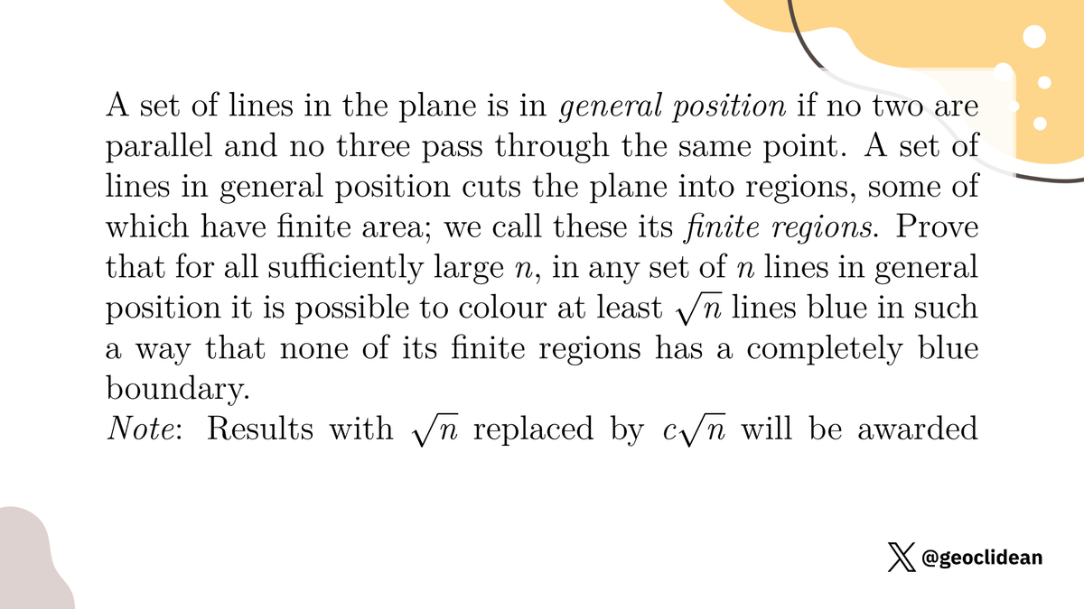 geoclidean's tweet photo. IMO 2014 Problem 6
#Probability #Combinatorics #IMO2014 #IMO #Geometry #IMOShortlist #GerhardWoeginger https://t.co/1nmhiHkcXW