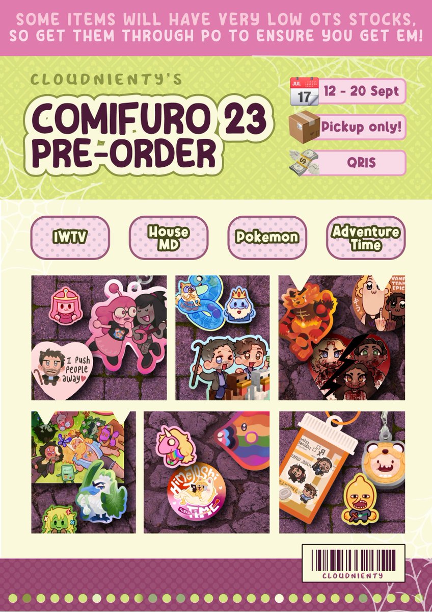cloudnienty's tweet photo. 🩷&amp; 🔁are appreciated!

My pre-order catalogue for Comifuro 23 is open(°◡°♡)

🎰 PO period: 
12-20 SEPT 26

⚰️ Only available for Pick Up BOTH DAYS
🪑 Adventure Time, Pokemon, House MD, Interview with the Vampire
💰 Pay via QRIS
🔗in replies~

#comifuro23 #CF23Catalogue #cf23 https://t.co/gBeUyDBQP4