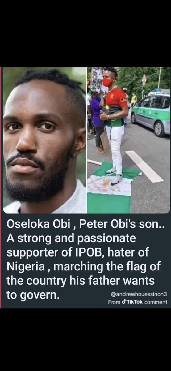 Iyoaiye_'s tweet photo. This should be a punishable offence for anyone, regardless of status, to abuse Nigeria’s national symbols in this manner.

It was Oseloka Obi, the son of Mr. @PeterObi , a man seeking to become President of the Federal Republic of Nigeria. The is so difficult to ignore: while the father seeks the highest office in the land, the son is openly disrespecting one of the country's revered symbols.

Should we say he was encouraged by his father or out of hate they have for the country?

What actually prompted this action? Is this the level of regard they have for the nation they claim they want to lead? Nigerians deserve answers, not silence.

Respect for national symbols is not optional. It is a basic demonstration of patriotism and respect for the country.

If Mr. Peter Obi is truly a father and genuinely has the interest of Nigeria at heart, as he often proclaims, then he should be able to publicly correct his son for publicly disrespecting a national symbol of the country.

Leadership begins with accountability, and the same standards expected of others should also apply within one's own family.