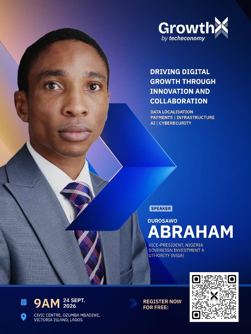 TecheconomyNG's tweet photo. SPEAKER REVEAL | GROWTHX 2026

What happens when strategic capital meets bold ideas? Infrastructure grows, industries scale and economies move forward.

We’re excited to unveil Abraham Durosawo (@abrahamdurosawo) Vice President at the NSIA: Nigeria Sovereign Investment Authority, as one of the distinguished speakers at #GrowthX2026.

With over 17 years of experience in infrastructure, investment banking and sovereign finance, Abraham has played a key role in mobilising and deploying capital across major energy, industrialisation and infrastructure projects in Africa.

At NSIA, Nigeria’s Sovereign Wealth Fund, he leads industrialisation and energy investments across the investment lifecycle, from deal origination and project finance to co-investments.

Previously, he served as Managing Director and CEO of ARM Capital Limited, following leadership roles across financial advisory, capital markets and infrastructure development.

Beyond finance, Abraham is passionate about developing the next generation of finance professionals through the Finance Professionals Network, which he founded to train and mentor young professionals across Nigerian tertiary institutions.

At GrowthX, he brings valuable insight into how strategic investment, infrastructure and innovation can unlock Africa’s next phase of economic and digital growth.

📅 Thursday, 24 September 2026
📍 The Civic Centre, Victoria Island, Lagos
⏰ 9:00 AM

*GrowthX 2026*
Driving Digital Growth through Innovation and Collaboration.

Be in the room. Be part of the conversation.

Register now via: https://t.co/20H5D7Of0O