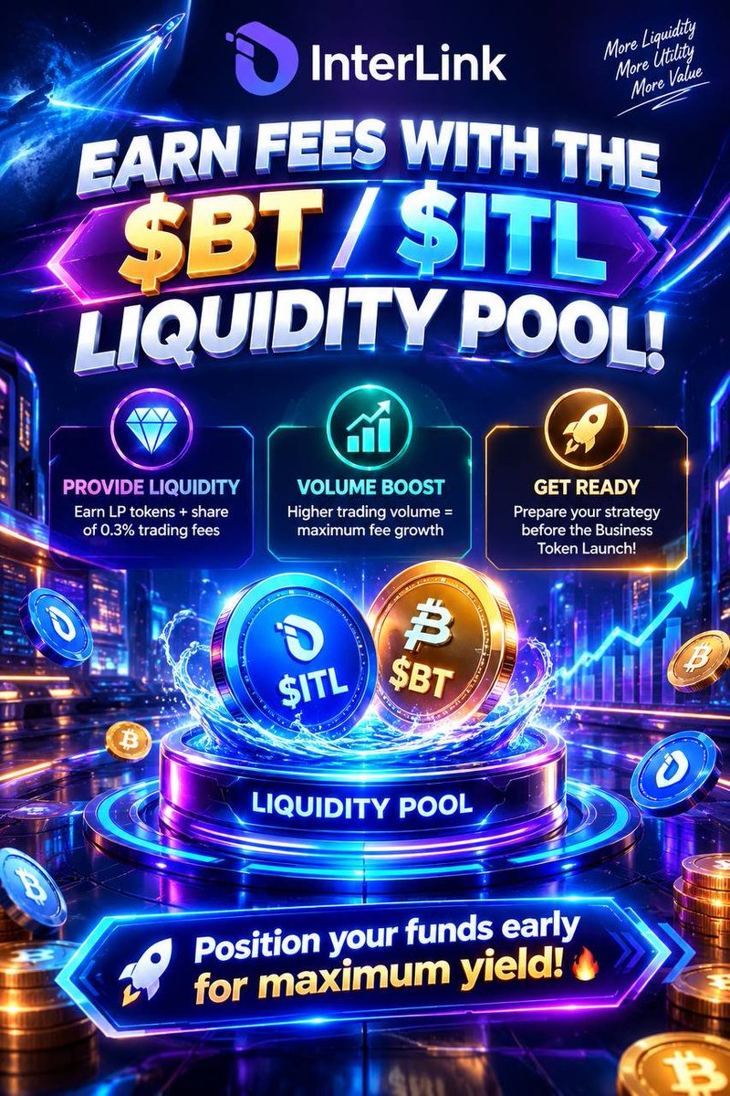 Chhai007's tweet photo. 💧 Earn Fees with the $BT / $ITL Liquidity Pool!

• 💎 Provide Liquidity: Earn LP tokens + share of 0.3% trading fees
• 📈 Volume Boost: Higher trading volume = maximum fee growth
• 🚀 Get Ready: Prepare your strategy before the Business Token Launch!

#InterLink #ITL #ITLG https://t.co/GNpGius596