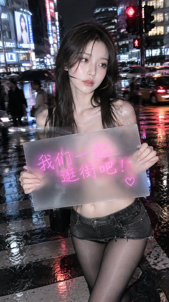 haiqushe's tweet photo. GPT Image 2 直出，Prompt 提示词:

明��成年的二十多岁东亚女性Coser，高级时尚美女风格。小巧精致脸型，五官漂亮不锐利，眼睛大小自然，神情冷淡松弛微出神，像等红灯时被顺手拍下。皮肤白皙细腻真实，长发自然披散，发丝在夜风与潮湿空气中微乱。 她双手持一块长方形磨砂玻璃风格亚克力板，置于身体前方遮挡身体，从锁骨下方到肋骨位置。亚克力板上以手写风格文字写着“我们一起逛街吧！”，字体自然带手写波动，荧光笔颜色鲜艳。透过磨砂玻璃板，人物与背景微微透视可见。 下身超短下装+黑色半透明丝袜或高跟短靴。���态自然微侧，一肩略低，腰胯轻微反差，上身微前倾，性感张力强但不刻意摆拍。 CCD直闪纪实抓拍，雨后夜晚繁忙十字路口，红灯等待时刻。背景密集车流、人流、雨伞、霓虹广告牌、信号灯、店招与大楼灯箱，行人与车辆明显动态模糊拖影，地面潮湿发亮，映出红绿灯、车灯与招牌斑斓反光。闪光灯直打人物，人物清晰明亮，背景混沌流动，强烈反差。整体真实、喧闹、潮湿、漂亮，日系胶片+千禧CCD随手拍气质。 负面：上衣、内衣