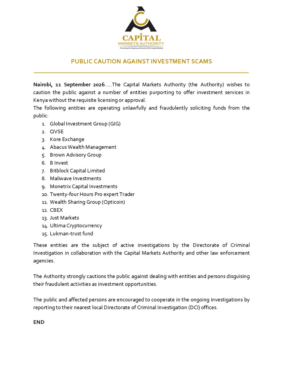 CMAKenya's tweet photo. PUBLIC CAUTION AGAINST INVESTMENT SCAMS! https://t.co/TsOcNftTWp