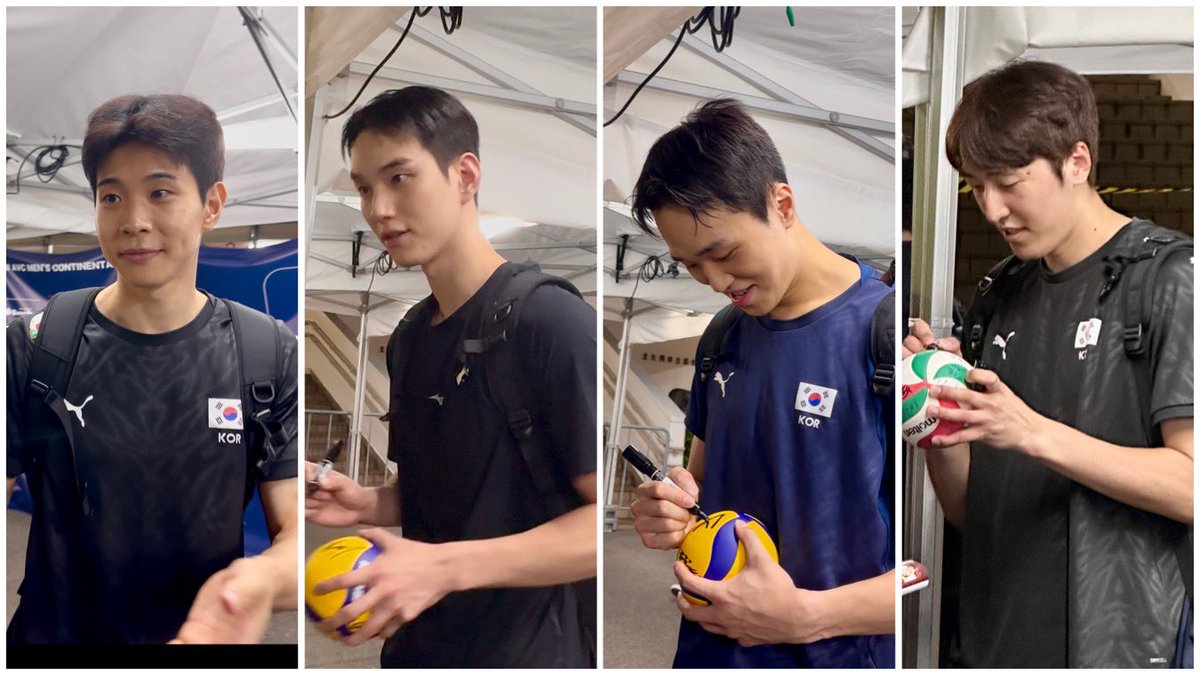 vb_tawagoto's tweet photo. 韓国チームファンサ良かった
特にオポのドンヒョク(右から2番目)は最後まで丁寧に対応してた

エースのホスボンは最後に出てきてハイタッチだけして出て行ったw

ファンゾーンで韓国選手のファンになった人も多いんちゃうかな

みんなカッコいい！カッコいい！ゆーとったww https://t.co/PZAaP2fF9I