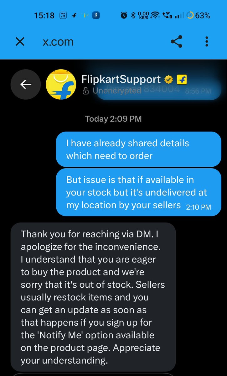 VidyaNist's tweet photo. @flipkartsupport Flipkart expert unable my question ... I m saying that after availablity of that product still undelivered that product in my location... 
Plz see screenshot what's ur expert reply me. https://t.co/o4ClqrHmai