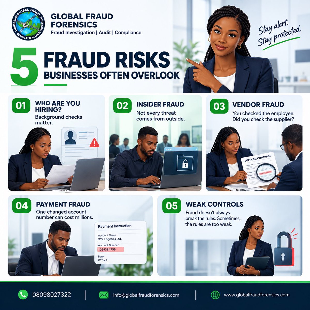 FraudXposeNG's tweet photo. From who you hire to who you do business with, payment processes, insider activity, and internal controls every gap can create an opportunity for fraud.

🔍 Ask the right questions. Verify. Monitor. Strengthen your controls.

#FraudPrevention #Compliance #BackgroundChecks #fraud https://t.co/Br9MbRqsPq