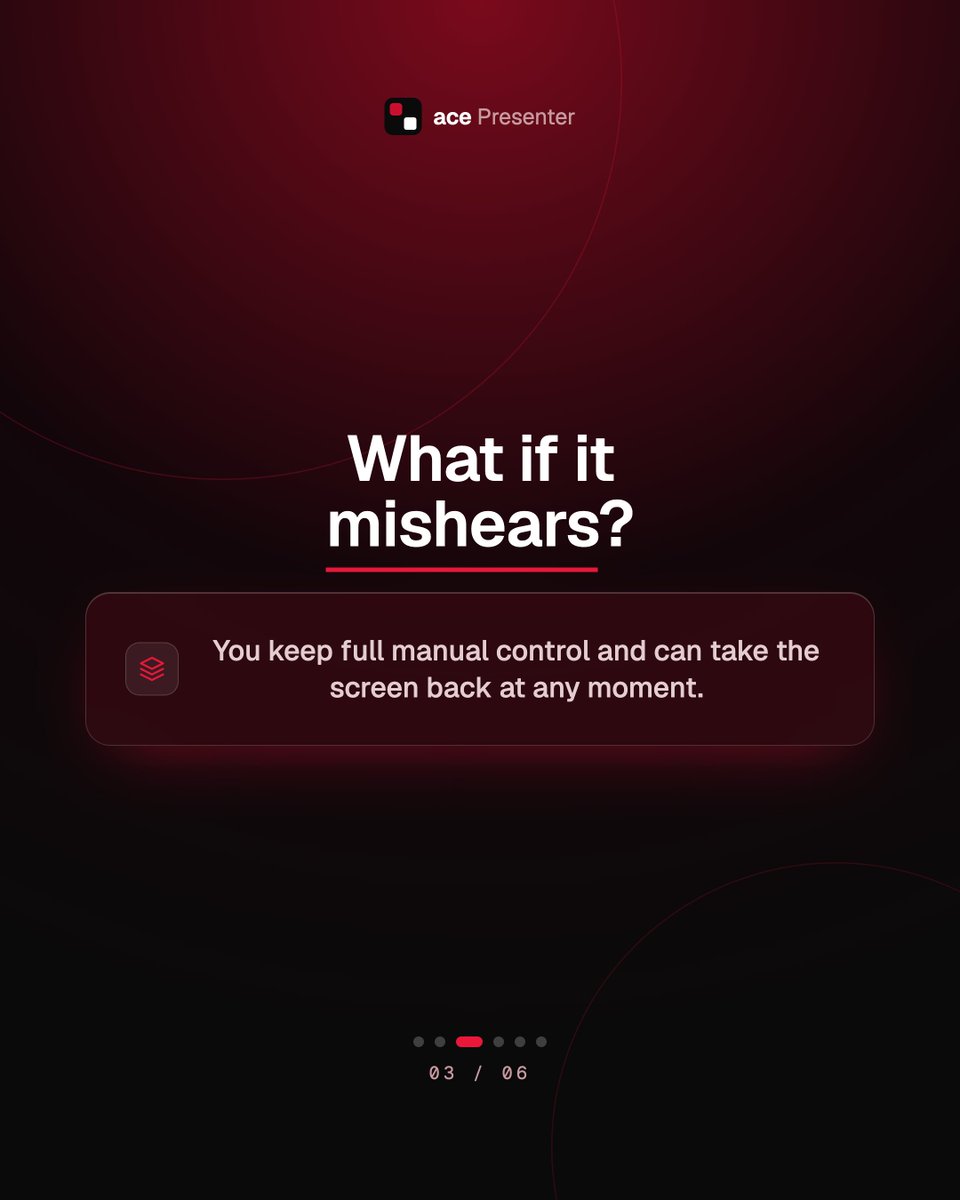 AcePresenterapp's tweet photo. The questions people actually ask. Does the audio leave the room? Not by default — detection runs on your machine, and cloud transcription is a switch you turn on yourself.

What if it mishears? Take the screen back at any moment. https://t.co/TanV70WCU0