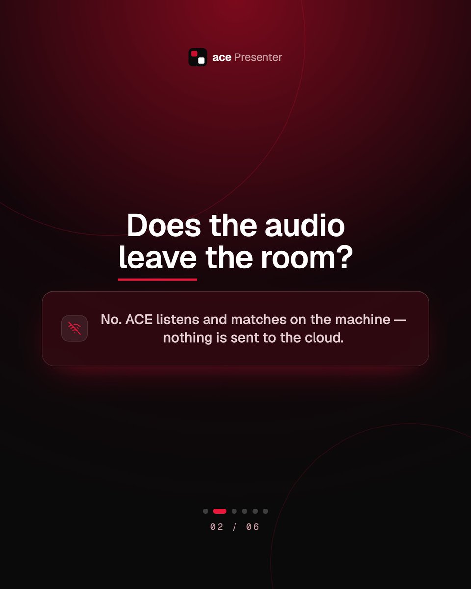 AcePresenterapp's tweet photo. The questions people actually ask. Does the audio leave the room? Not by default — detection runs on your machine, and cloud transcription is a switch you turn on yourself.

What if it mishears? Take the screen back at any moment. https://t.co/TanV70WCU0