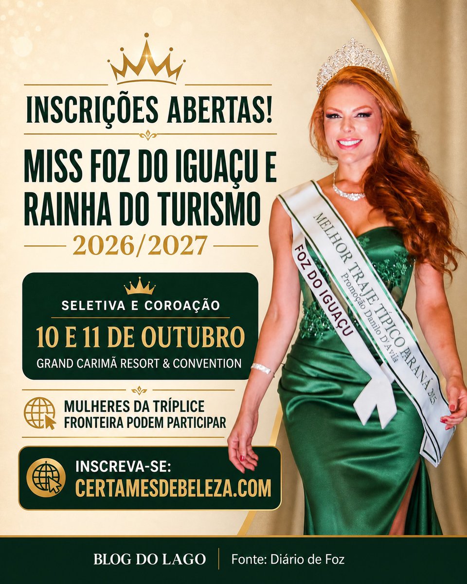ferx30's tweet photo. FOZ DO IGUAÇU WILL ELECT NEW REGIONAL REPRESENTATIVES. Registration is open for Miss Foz do Iguaçu and Tourism Queen 2026/2027. The main event takes place October 10–11 at Grand Carimã Resort &amp; Convention. Women from the Triple Frontier may apply. https://t.co/RZOaAKQIYk