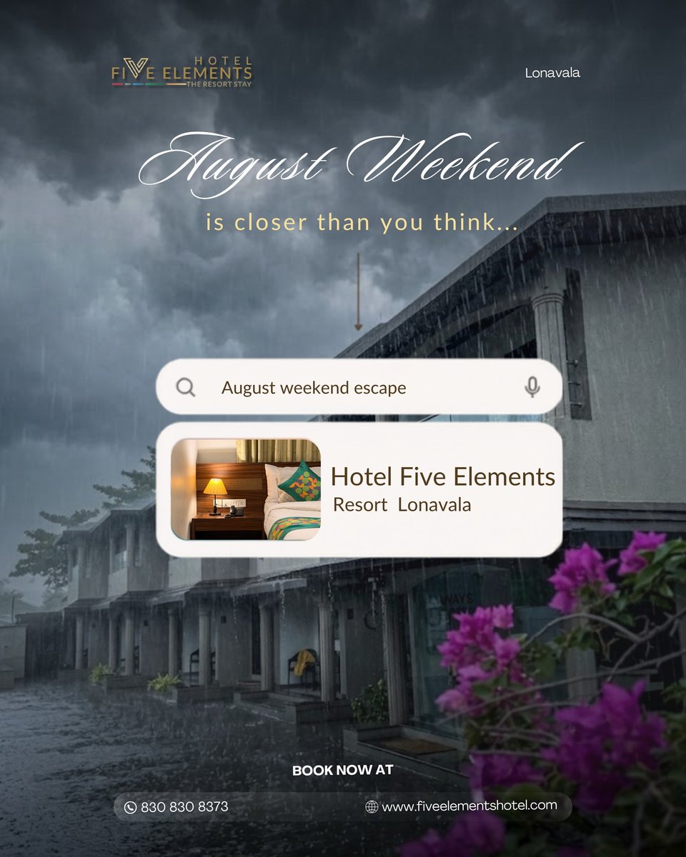 LaveraNevuis's tweet photo. August weekend escape

The rain is calling, and Lonavala is closer than you think. Slow down, breathe in the fresh mountain air, and unwind at Hotel Five Elements. Cozy rooms, monsoon vibes, poolside relaxation, peaceful surroundings—the perfect https://t.co/7ocY6QWMrk