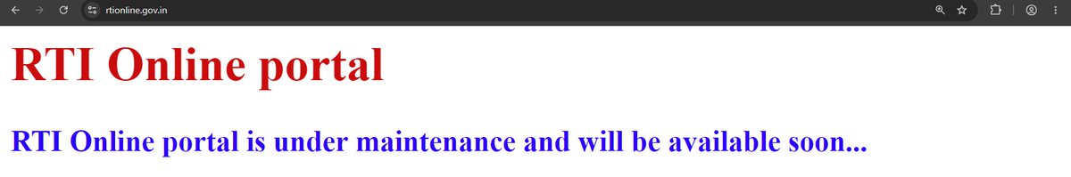 ruma9769's tweet photo. Respected Sir/Madam
The RTI online website is showing error as "RTI Online portal
RTI Online portal is under maintenance and will be available soon." at present. Image screenshot enclosed. @narendramodi @DoPTGoI @AshwiniVaishnaw @PMOIndia @AmitShah @AmitShahOffice 
1/2 https://t.co/9Vf9hea0w3
