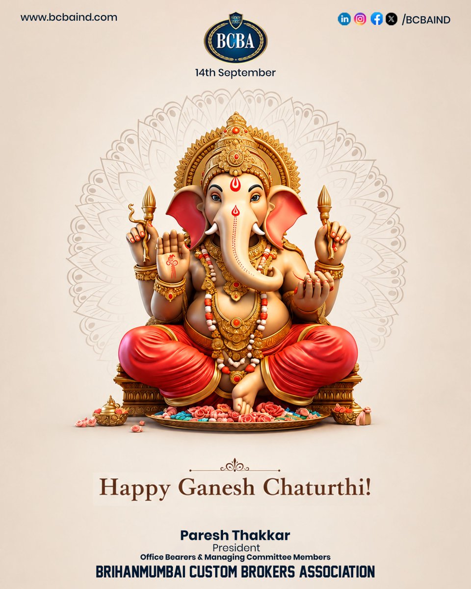 BCBA_IND's tweet photo. New beginnings feel better with Bappa by our side.
May His blessings bring wisdom, prosperity, and happiness to every home.
Wishing you and your loved ones a Happy Ganesh Chaturthi!
.
.
.
#GaneshChaturthi #GanpatiBappaMorya #GaneshUtsav #FestiveGreetings #BCBA https://t.co/nS6wxih9kn