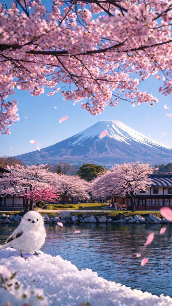 Earth_Whispers_'s tweet photo. A little Bird 🕊️ sitting in Cherry blossom tree near the Fuji Mountain lake and enjoy the nature...
#beauty 
#momsonnn https://t.co/fJq1m8kUZH