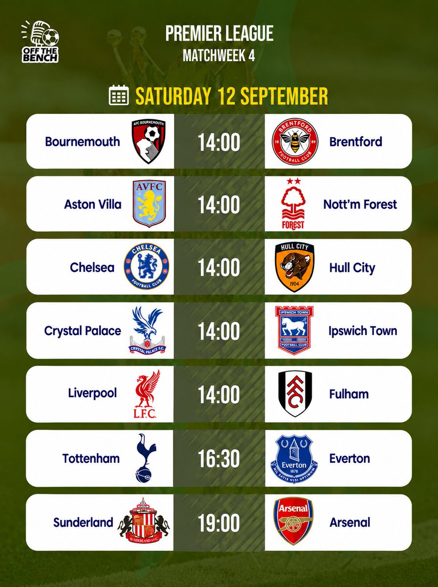 Off__thebench's tweet photo. 🏆🔥 PREMIER LEAGUE TODAY!

▫️ Bournemouth 🆚 Brentford
▫️ Aston Villa 🆚 Nott'm Forest
▫️ Chelsea 🆚 Hull
▫️ Crystal Palace 🆚 Ipswich
▫️ Liverpool 🆚 Fulham
▫️ Tottenham 🆚 Everton
▫️ Sunderland 🆚 Arsenal
#Bournemouth #Brentford #AstonVilla #NottmForest #Chelsea #HullCity #CrystalPalace #Ipswich #Liverpool #Fulham #Tottenham #Everton #Sunderland #Arsenal #PremierLeague
