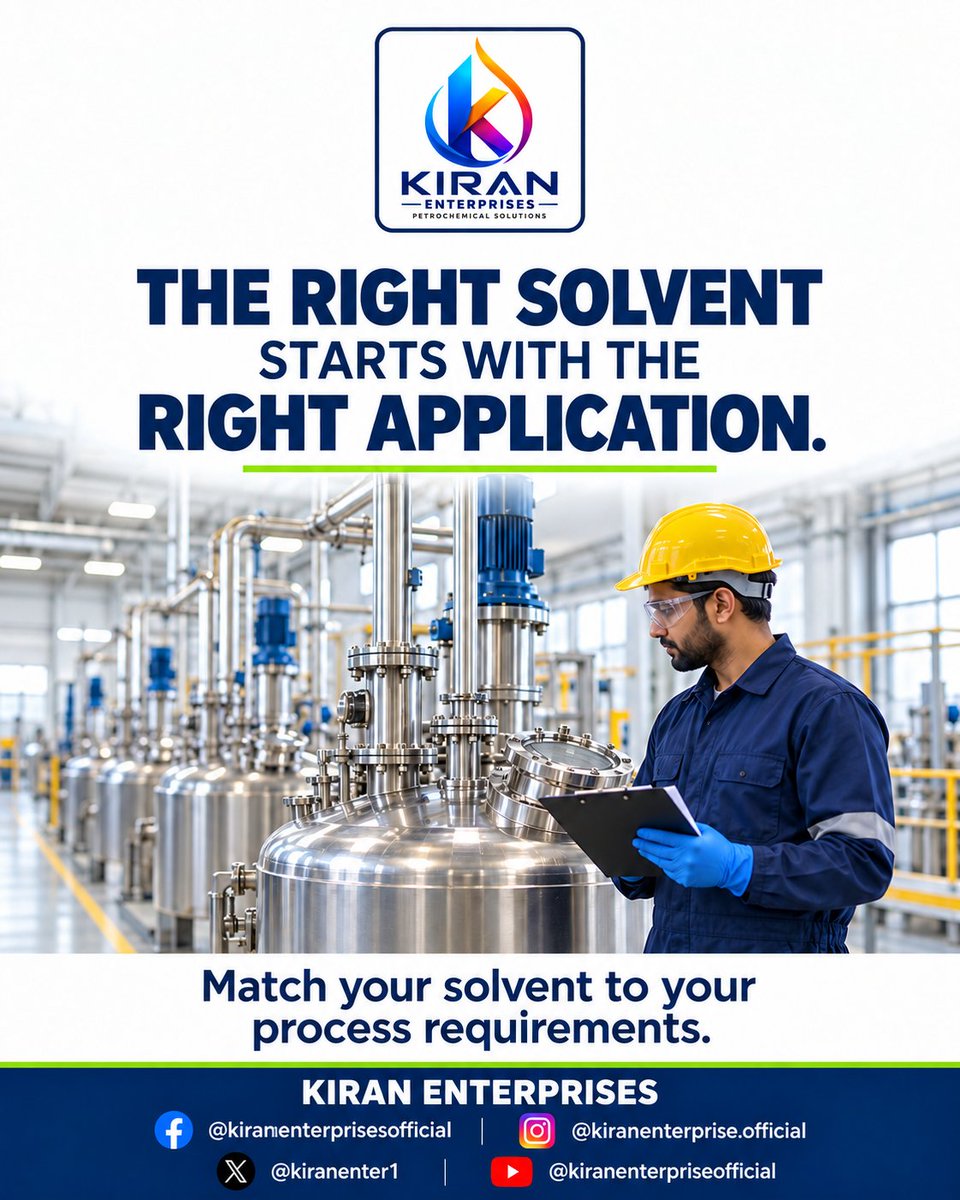 kiranenter1's tweet photo. The Right Solvent Starts with the Right Application.
Every industrial process has its own requirements. Material compatibility, product specifications and application needs all matter when selecting a solvent.
#KiranEnterprises #IndustrialSolvents #Petrochemicals #Solvent https://t.co/yuco4tH0Ak