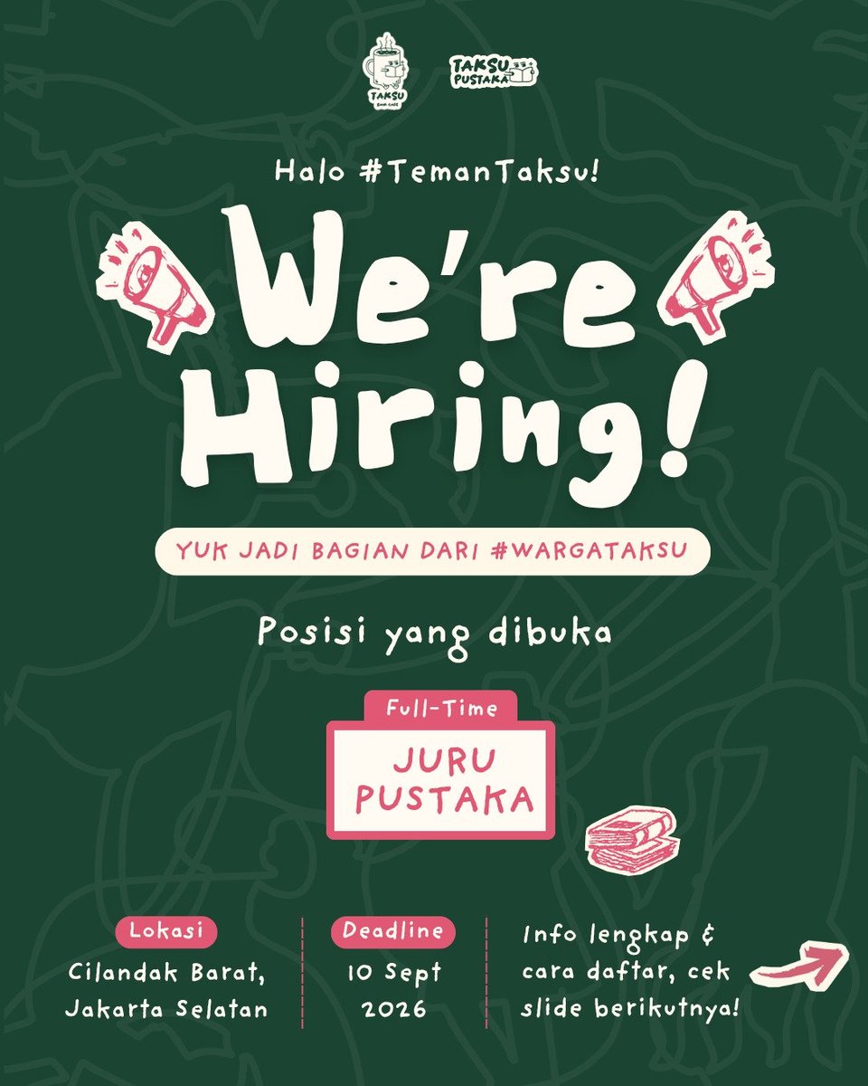 AdorkableWriter's tweet photo. Diperpanjang: aku lagi nyari team untuk Juru Pustaka (full time)
Kalau kamu nyari tempat kerja di dunia literasi yang inclusive dan queer friendly, bisa apply sampai tanggal 12 September 2026 ya.

Ditunggu 💚❤️🩵💙 https://t.co/vNV9gorQNJ