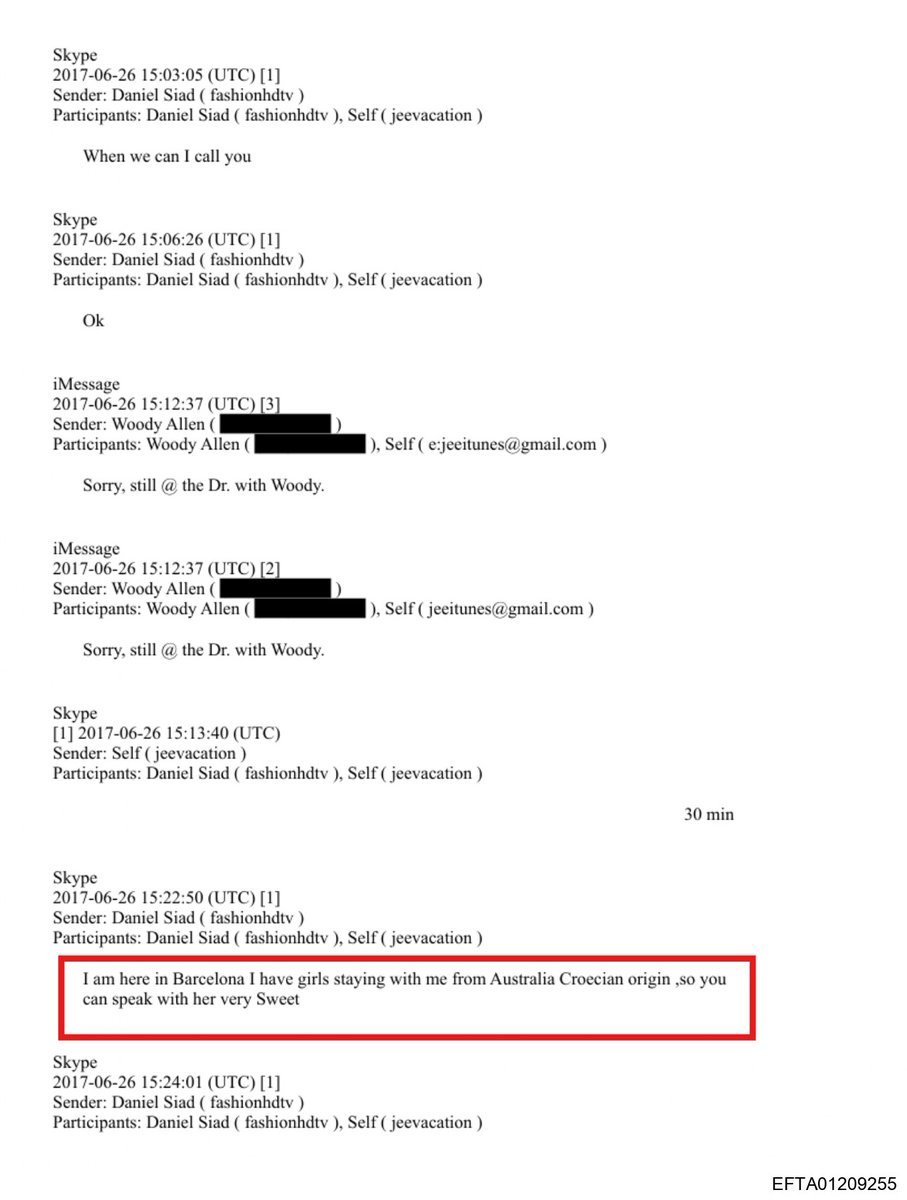 LCDS_2's tweet photo. 🚨Jeffrey Epstein tenía planeado ir a ver actuar a Woody Allen a Barcelona en Junio de 2017 y le dijo a Daniel Siad por Skype si sacaba entradas también para él.

Daniel Siad le comentaba que tenía chicas en su apartamento de origen australiano y croata y que podría hablar con ellas "con dulzura".

Efectivamente, Woody Allen pasó una larga temporada en Barcelona el verano de 2017. 
https://t.co/yXWGYTnFvY