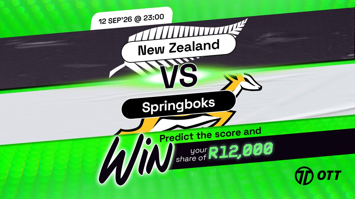 ottvoucherza's tweet photo. New Zealand vs Springboks – who will dominate the field this weekend? 🔥
 
Win 1 of 24 OTT Voucher! 🎉 Predict the winner for a chance to win your share of R12 000 in OTT Voucher!

T&amp;Cs Apply:  https://t.co/UxuMVXJ3z8 

Winners will be announced every Wednesday. https://t.co/3NjGSQ4Vhj