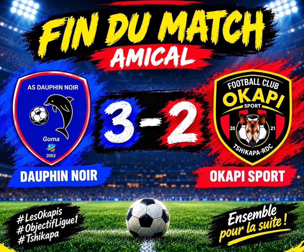 Okapisportfc's tweet photo. FIN DU MATCH AMICAL

AS DAUPHIN NOIR 3–2 OKAPI SPORT 

👏 Courage aux Okapis ! On continue à travailler et à préparer la suite. 💪🔥

#LesOkapis #OkapiSport #LesAnimauxRares #🔴⚫️🟡 https://t.co/Id88FFDi55