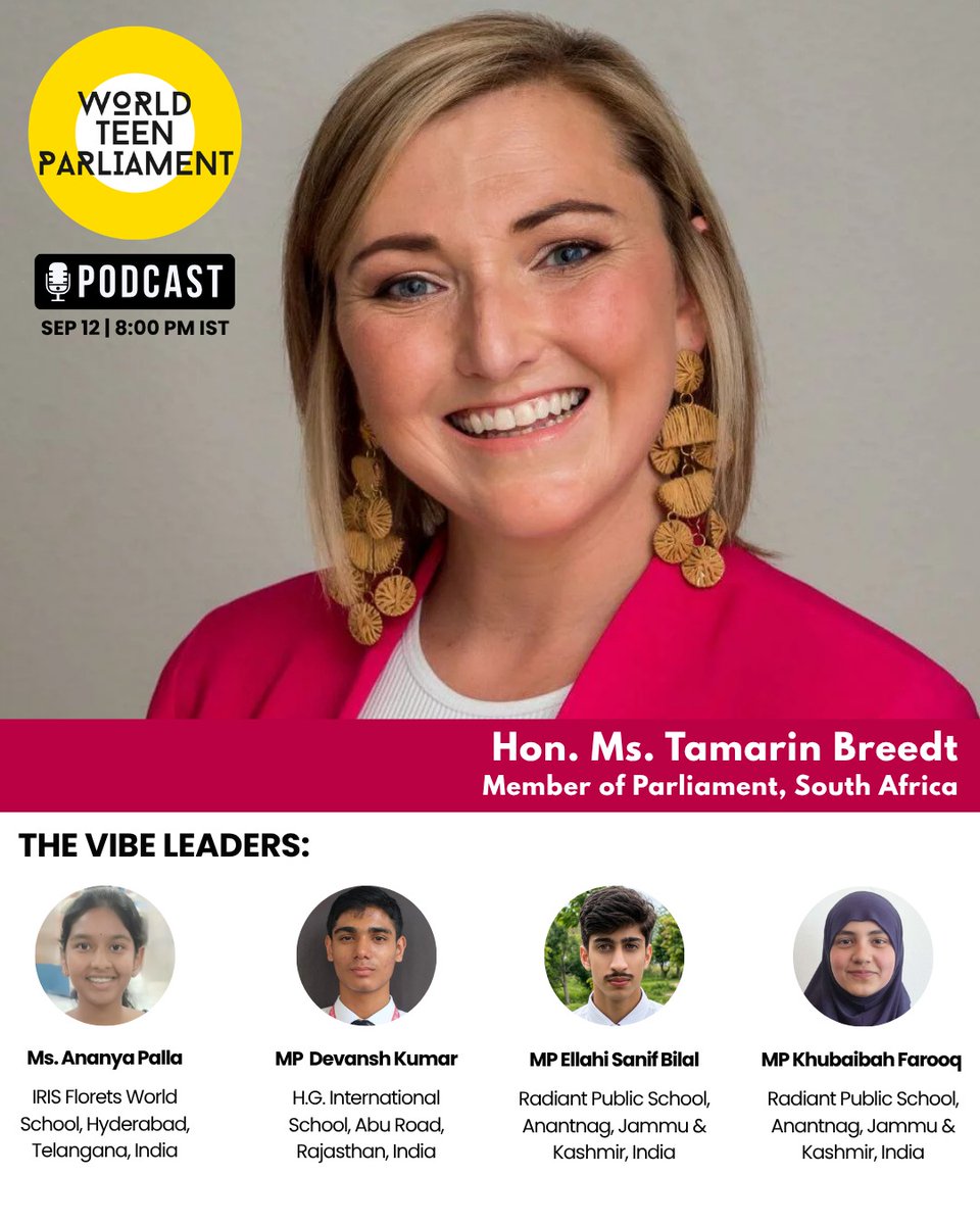BlubWorld's tweet photo. 🌍 WTP Special Podcast

Featuring Hon. Ms. Tamarin Breedt, MP, South Africa 🇿🇦

 12 Sept | ⏰ 8 PM IST

DM us for your invite! ✨
#WTP #WorldTeenParliament #WTPPodcast #YouthLeadership https://t.co/SlN8ujrAP6