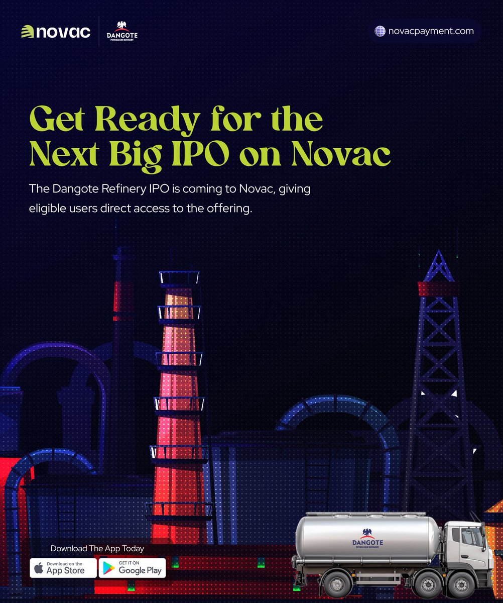 joinnovac's tweet photo. 🚀 The Dangote Refinery IPO is here!

From 14 September 2026, apply for shares through your Novac Business app, in partnership with Cordros Capital.

📍 Get started via your favourite Novac Business channels.

Big things are refining.

#DangoteRefineryIPO #DangoteRefinery #IPO https://t.co/qgeJfUxcEu