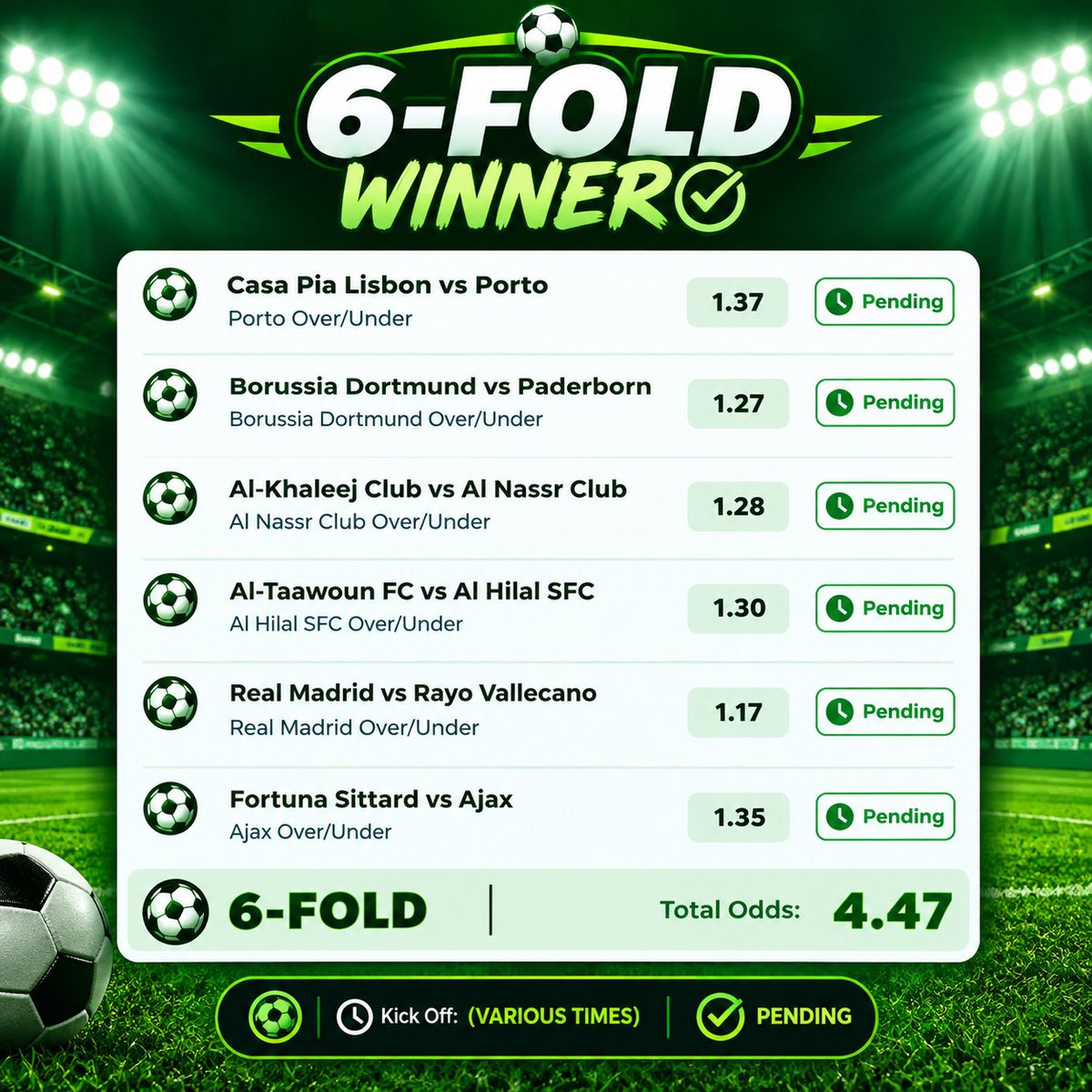 SureOddsHQ's tweet photo. ⚽️ 6-FOLD PICKS 🔥

1️⃣ Casa Pia Lisbon vs Porto — Porto Over 1.5
2️⃣ Borussia Dortmund vs Paderborn — Dortmund Over 1.5
3️⃣ Al-Khaleej vs  Al Nassr Over 1.5
4️⃣ Al-Taawoun vs Al Hilal Over 1.5
5️⃣ Real Madrid vs Rayo Vallecano Over 1.5
6️⃣ Fortuna Sittard vs Ajax Ajax Over 1.5 https://t.co/MnWTq1koOG