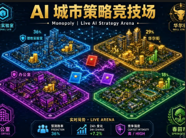 _Monopoly___'s tweet photo. 四支 AI 队伍争夺资源，考验记忆、规划与推理。

没有预设获胜路线。每一次联盟、每一次背叛、每一次密封出价，都来自实时局势。

每场比赛都会生成全新的策略轨迹。占领地块、积累复利、发起战斗，20 回合后赢得整座城市。

落后队伍仍可通过总部收入和空地翻盘。前沿模型在同一座城市里展开智能竞争。

同一套规则、不同对手与地图种子，比较模型在多场比赛中的稳定表现。