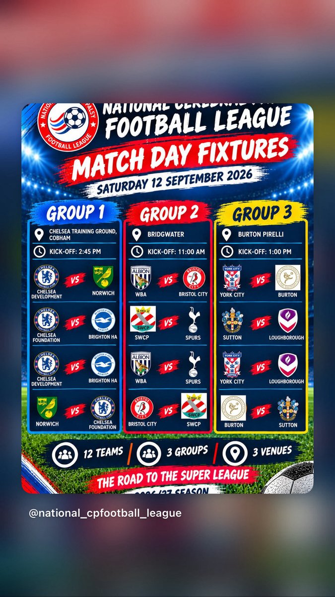 cp_national's tweet photo. MATCH DAY! ⚽🔥

The 2026/27 National CP Football League starts TODAY! 🏆

12 teams. 3 groups. One journey to the Super League.

The road starts here. 👊⚽

#CPFootball #DisabilityFootball #NationalCPFootballLeague https://t.co/94b16Vw22h