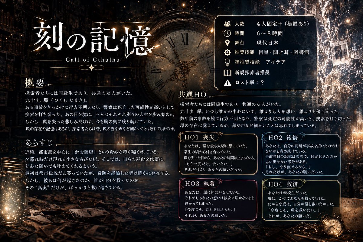 rui_t_12's tweet photo. #CoC募集 #PL募集 

私のオリジナルシナリオ「刻の記憶」のテストプレイをしてくれる方募集します！

募集:PL4人
形式:ボイセ、CoC6版
使用:Discord、ココフォリア
時間:明日、時刻は集まった方で相談

興味ある方はリプをいただけると幸いです！
概要は画像の通りになります。

FF外の方も歓迎です！ https://t.co/pbBtILzAhi