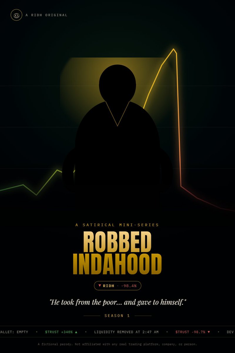 RobbedInDaHood's tweet photo. RobbedInDaHood (RIDH), a satirical mini-series about the people who "believe in the coin" right up until they don't.

Every frame is AI-generated, built entirely with Seedance 2.0,  no cameras, no crew, no actors. Just a very committed bit.

One episode drops every week, 3 minutes. Episode 1 premieres TBA

He took from the poor... and gave to himself.

Fictional parody. Not financial advice. Don't buy the coin.

#RIDH #CryptoTwitter #RugPull  #CryptoMemes #AIVideo #Seedance #GenAI