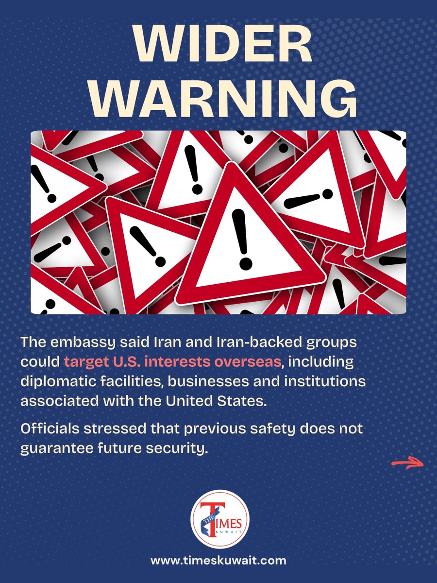 justme2by2's tweet photo. U. S. Embassy Issues Security Alert

The U. S. Embassy in Kuwait urges American citizens to remain vigilant as regional tensions rise and the Middle East security situation remains unpredictable. Follow key safety measures and travel guidance. https://t.co/5Gd9JFpDDF