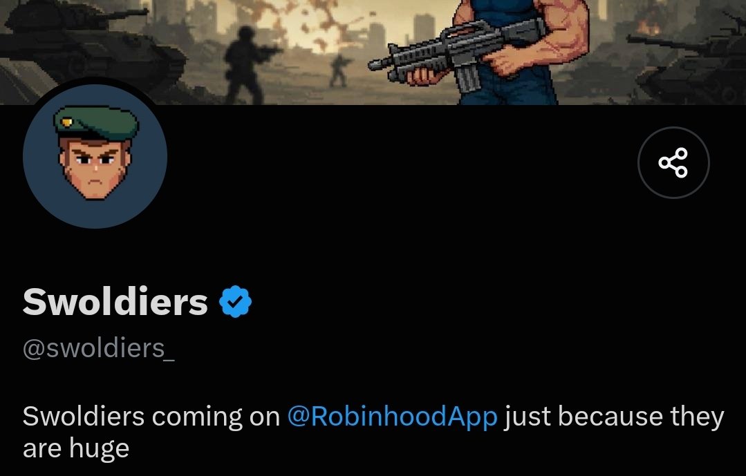 KingmilesCe's tweet photo. Early find @swoldiers_

• Supply: 4,444 
• Chain: Robinhood
• Category: GameFi

A New approach to GameFi where players compete for a share of the token pool and an NFT.

Bind your wallet → climb the leaderboard → claim your spot.

Still early. 
DYOR. https://t.co/I9Wx0eJgeo