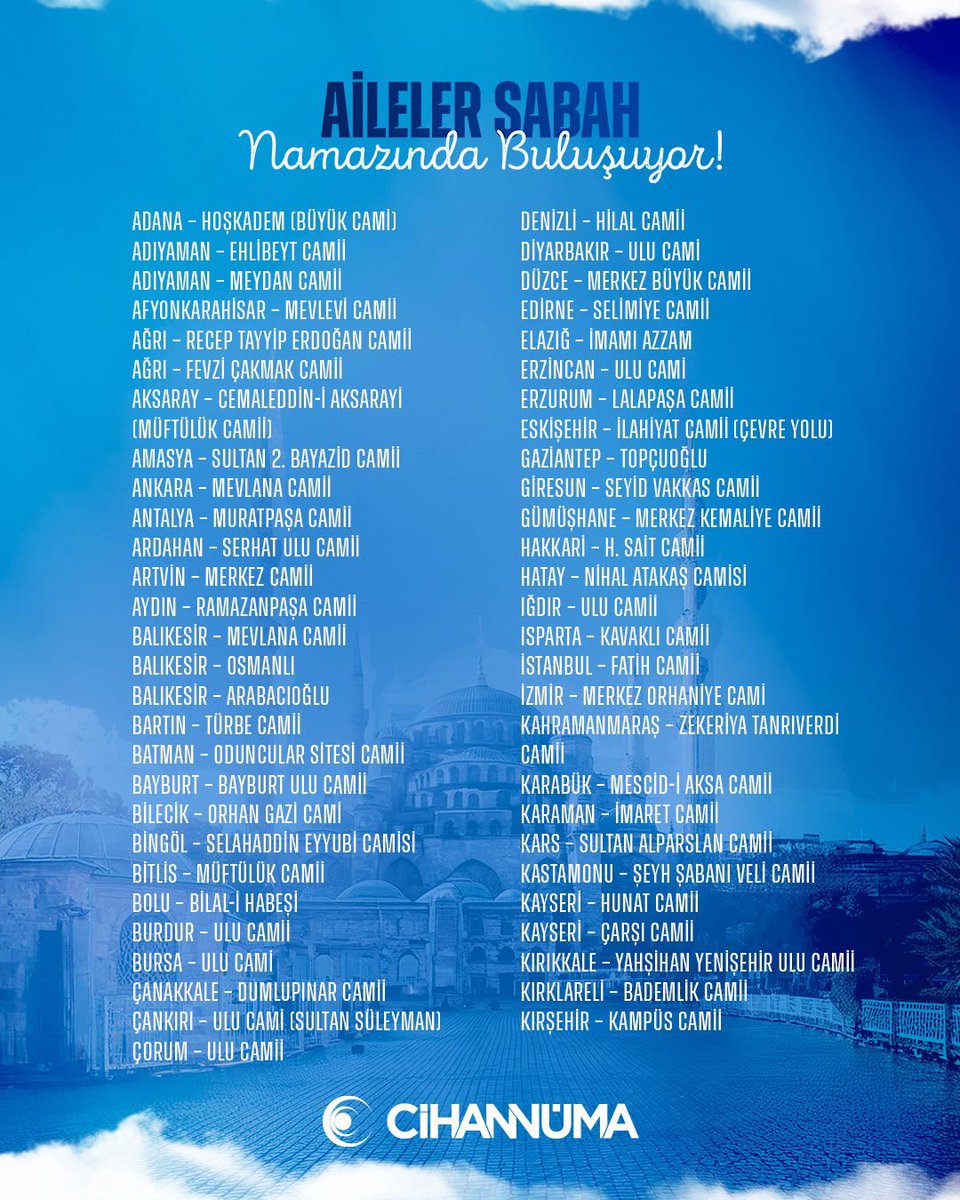 Cihannumader's tweet photo. Her yıl geleneksel olarak gerçekleştirdiğimiz “Aileler Sabah Namazında Buluşuyor” programımızda bu yıl da Türkiye’nin dört bir yanında ailelerimizle bir araya geliyoruz.

Yeni eğitim-öğretim yılına; çocuklarımızın ve gençlerimizin geleceği, ailelerimizin huzuru ve milletimizin yarınları için aynı safta, aynı duada buluşarak başlıyoruz.

Bu anlamlı buluşmada tüm ailelerimizi sabah namazının bereketini birlikte paylaşmaya davet ediyoruz.

📅 13 Eylül 2026 Pazar