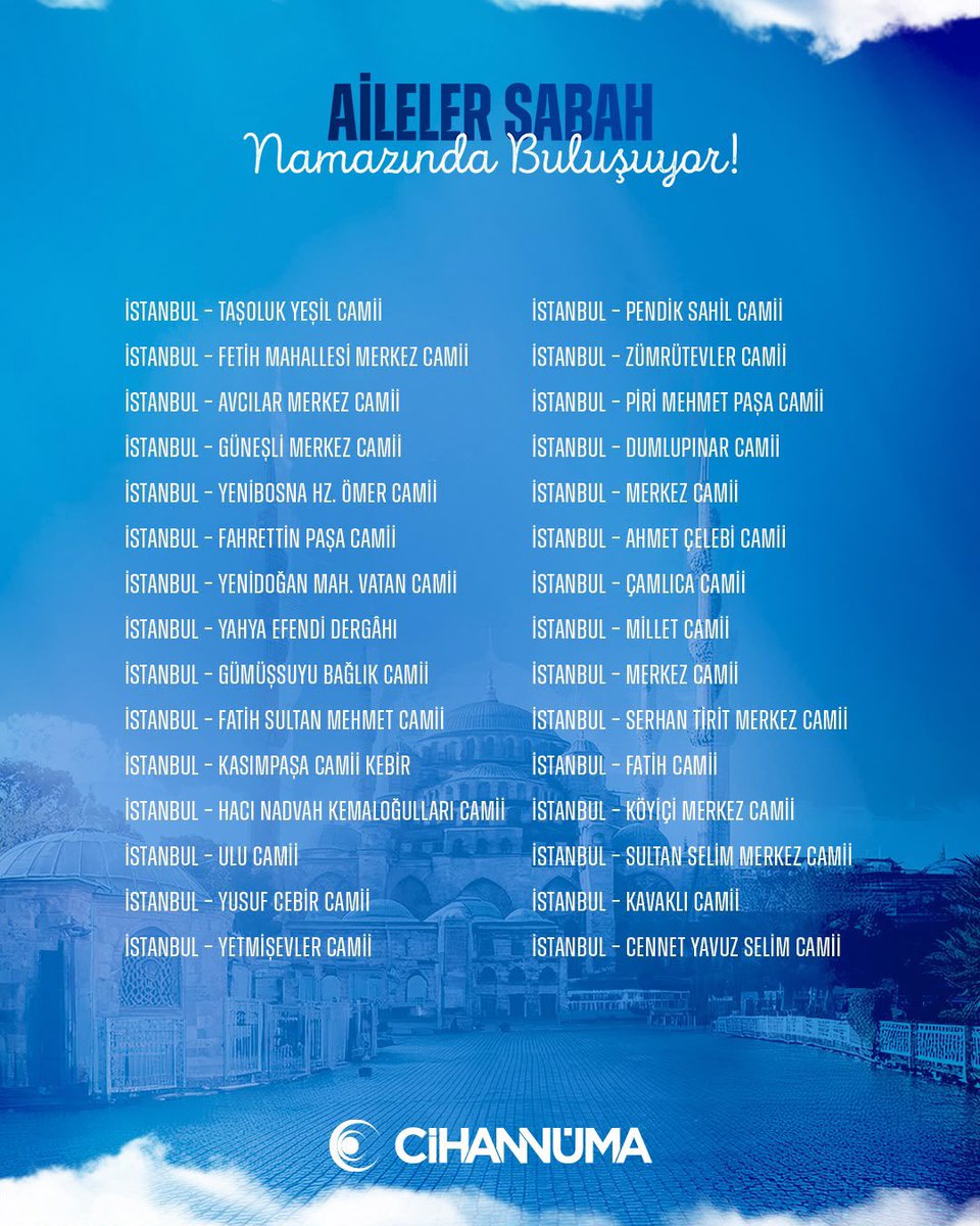 Cihannumader's tweet photo. Her yıl geleneksel olarak gerçekleştirdiğimiz “Aileler Sabah Namazında Buluşuyor” programımızda bu yıl da Türkiye’nin dört bir yanında ailelerimizle bir araya geliyoruz.

Yeni eğitim-öğretim yılına; çocuklarımızın ve gençlerimizin geleceği, ailelerimizin huzuru ve milletimizin yarınları için aynı safta, aynı duada buluşarak başlıyoruz.

Bu anlamlı buluşmada tüm ailelerimizi sabah namazının bereketini birlikte paylaşmaya davet ediyoruz.

📅 13 Eylül 2026 Pazar