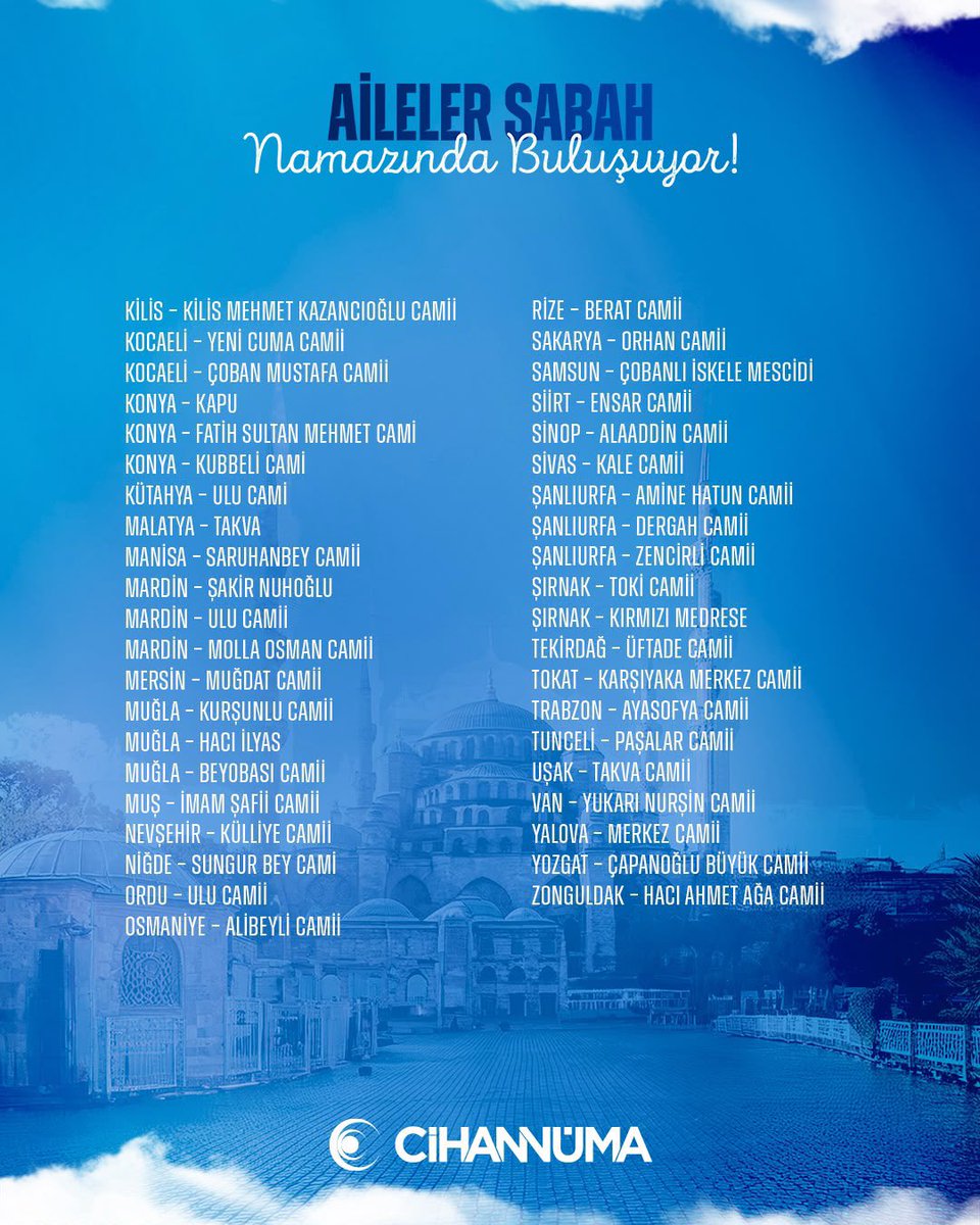 Cihannumader's tweet photo. Her yıl geleneksel olarak gerçekleştirdiğimiz “Aileler Sabah Namazında Buluşuyor” programımızda bu yıl da Türkiye’nin dört bir yanında ailelerimizle bir araya geliyoruz.

Yeni eğitim-öğretim yılına; çocuklarımızın ve gençlerimizin geleceği, ailelerimizin huzuru ve milletimizin yarınları için aynı safta, aynı duada buluşarak başlıyoruz.

Bu anlamlı buluşmada tüm ailelerimizi sabah namazının bereketini birlikte paylaşmaya davet ediyoruz.

📅 13 Eylül 2026 Pazar
