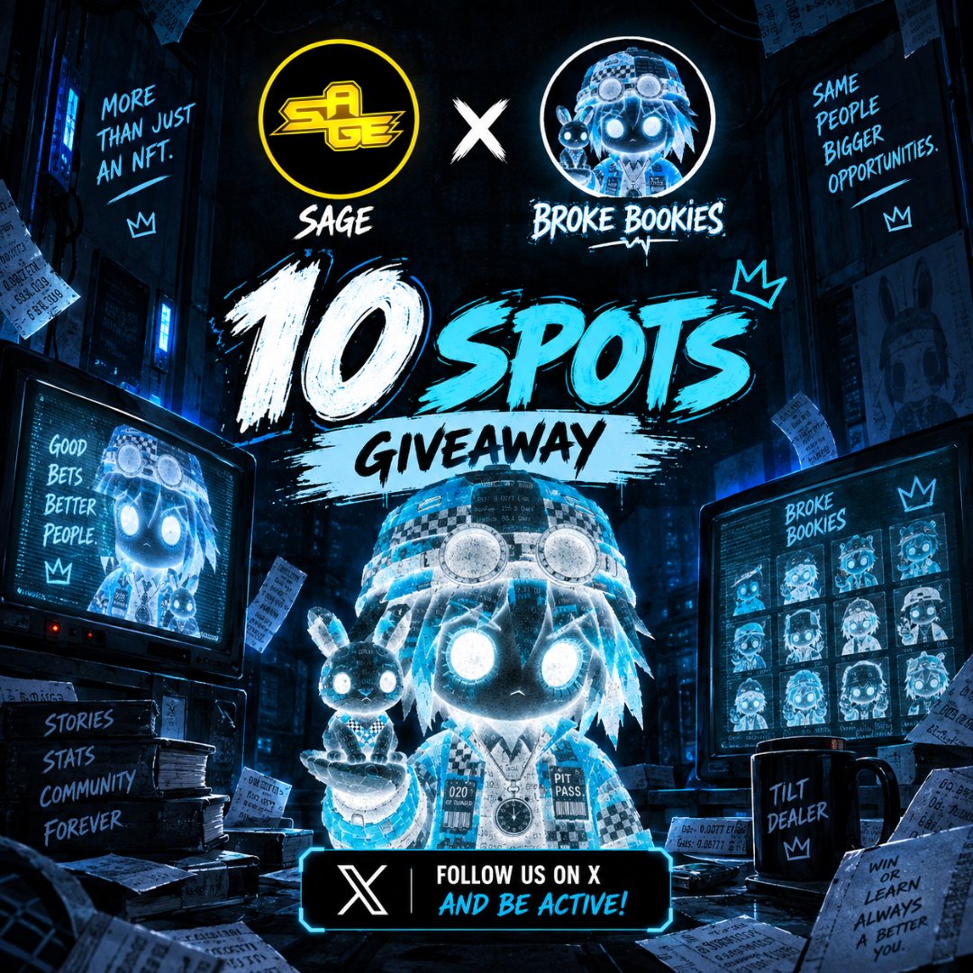 SAGEAIRDROPS's tweet photo. 🎁 BROKE BOOKIES × SAGE RAFFLE 🎁

The table is open. 
Are you ready to play?

We are giving away 10 GTD of Broke Bookies

Broke Bookies is a 4,444-piece NFT collection on Arc, featuring 8 character classes and a world built around trading humour, casino culture and players who keep showing up after every loss.

⬥ Supply: 4,444
⬥ Chain: Arc
⬥ Mint: TBA

We’re bringing DTC spots to the SAGE community.

How to enter:

1⃣ Follow @brokeb00kies & @SAGEAIRDROPS
2⃣ Like + RT the pinned post of @rokeb00kies
3⃣ Like + RT this post
4⃣ Drop your EVM wallet

⏳ Deadline: 8 Hours

The market is open.
Broke Bookies × SAGE