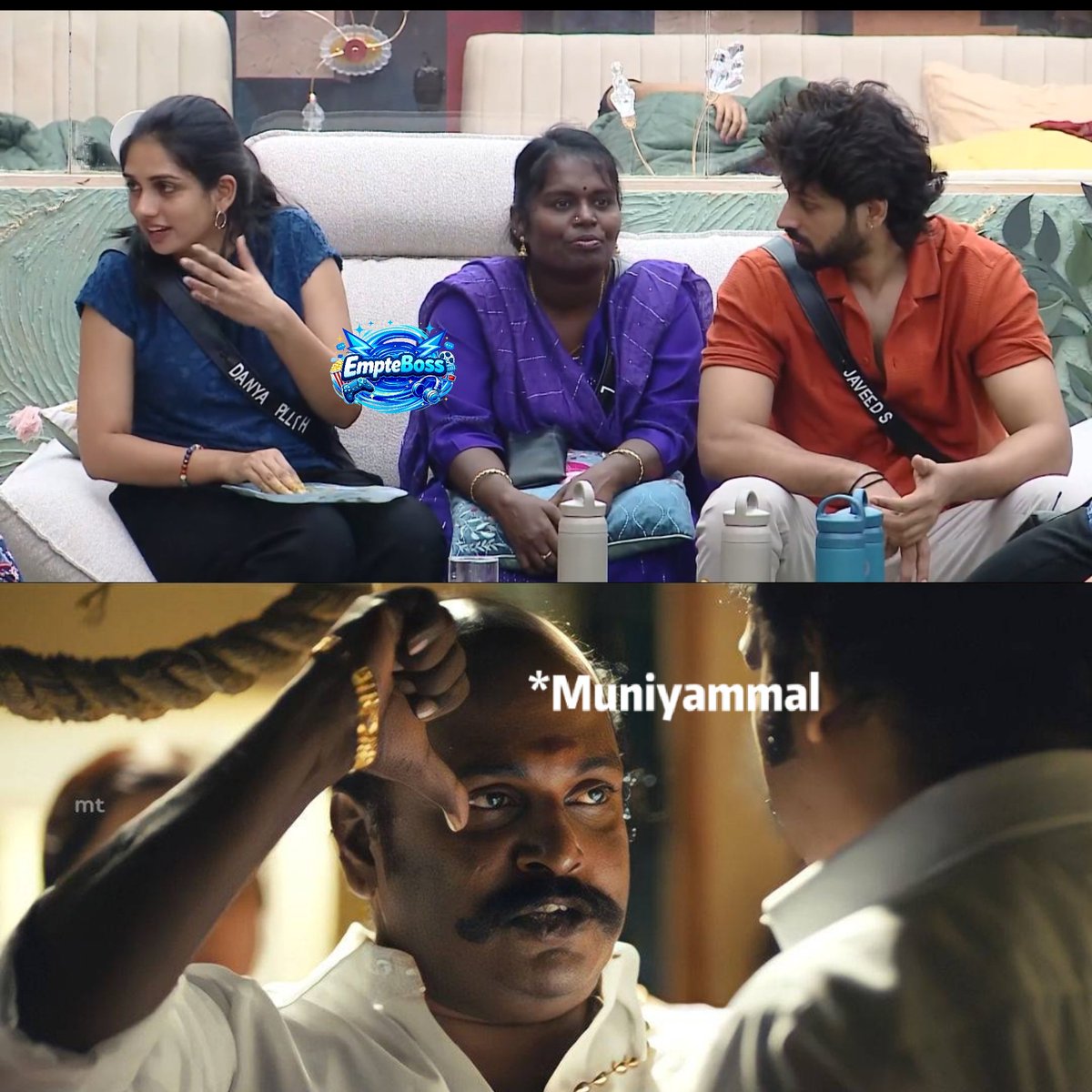 EmpteBoss's tweet photo. Muniyammal be like: kurukka indha kowshik vandha moment! 😂🔥

#BiggBossTamil10 #BiggBoss #EmpteBoss #Dhanya #Javeed https://t.co/RjtpioaOYv