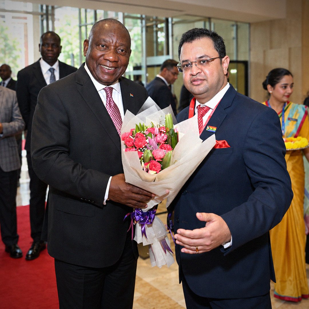 TheLalitGroup's tweet photo. We were privileged to welcome H.E. @CyrilRamaphosa , President of the Republic of South Africa, to The LaLiT New Delhi during his visit to India for the 18th BRICS Summit. #BRICSSUMMIT2026 https://t.co/CJZiDNhgR1