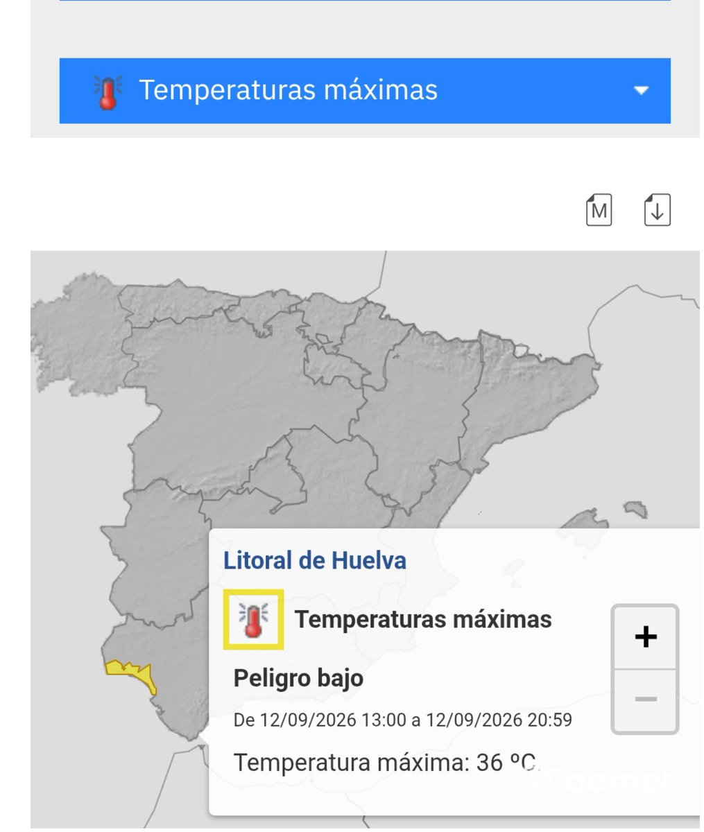 Meteohuelva's tweet photo. El litoral de la provincia de Huelva tiene hoy el "honor" (nótese el sarcasmo) de ser la única comarca de toda España con aviso por altas temperaturas.

Mañana domingo se repite la historia. https://t.co/LdOBOj7O5j