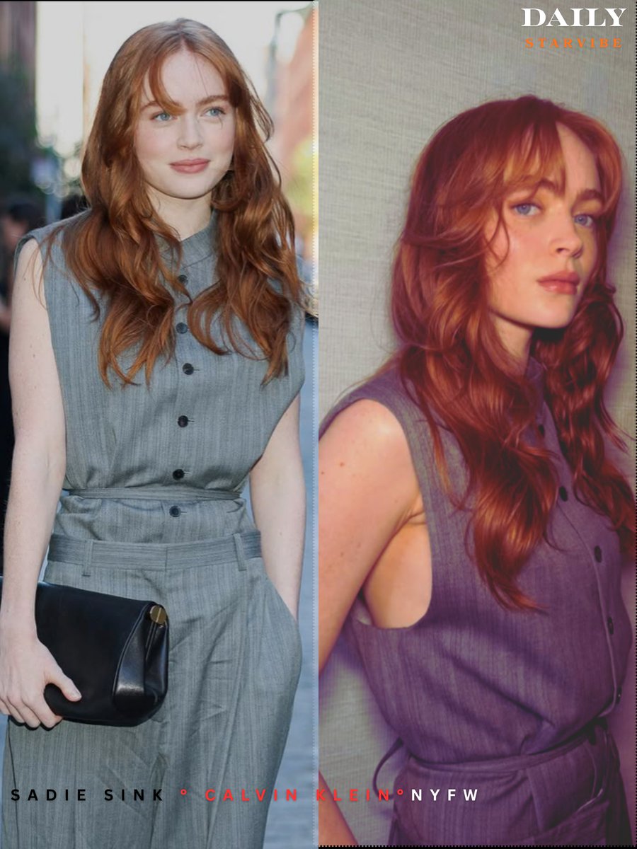DailyStarVibe's tweet photo. Sadie Sink looked incredible as she stepped out for the Calvin Klein show during New York Fashion Week. She was dressed in a sleek grey sleeveless button-down top and matching trousers, she completed the look with a structured black clutch. We are happy sadie😊 https://t.co/wyC8J3LvCo